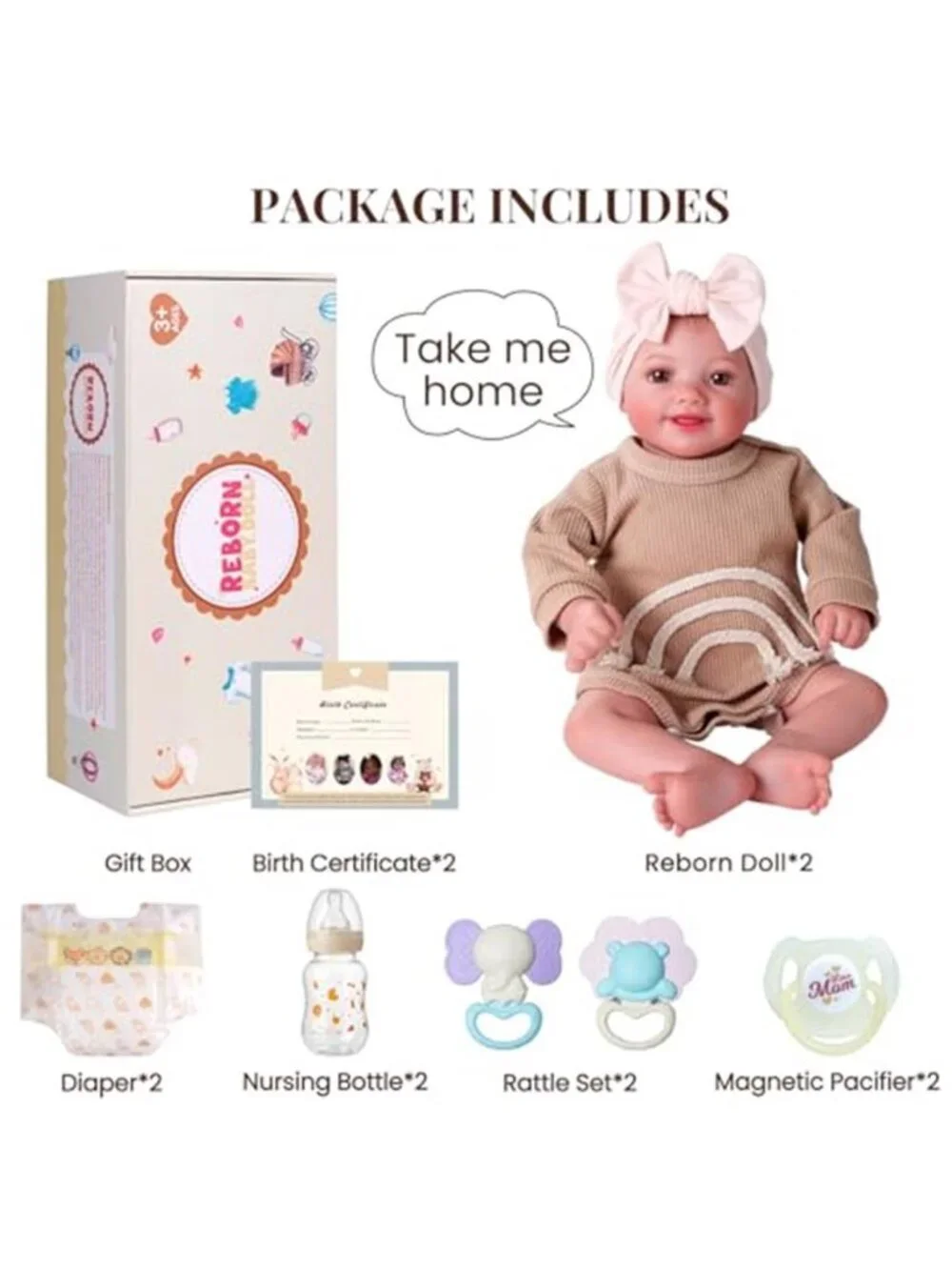 17 Inch Reborn Baby Doll Smiling Girl Soft Body Pacifier Bottle Rattles Set